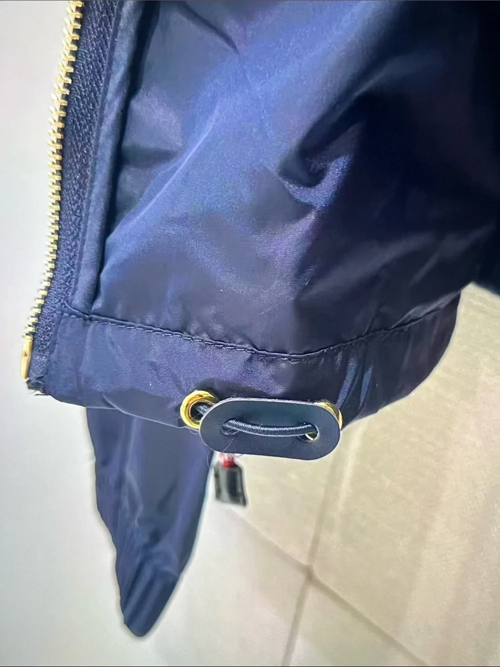 Miu Miu Navy Hooded Bomber Jacket with Contrast Drawcord